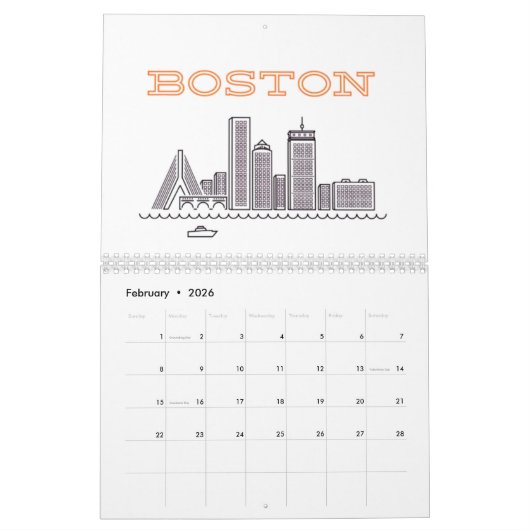 Boston City Skyline, Boston kaart Kalender (Feb 2026)