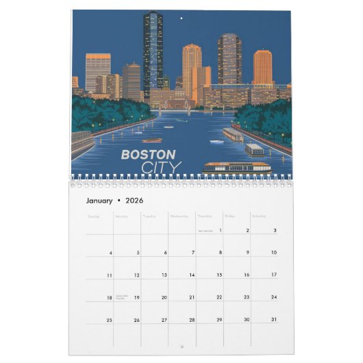 Boston City Skyline, Boston kaart Kalender (Jan 2026)