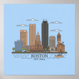 Boston City Skyline, Boston kaart skyline Poster