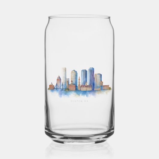 Boston City Skyline Waterverf | Modern Boston MA Blikvorm Glas (Achterkant)
