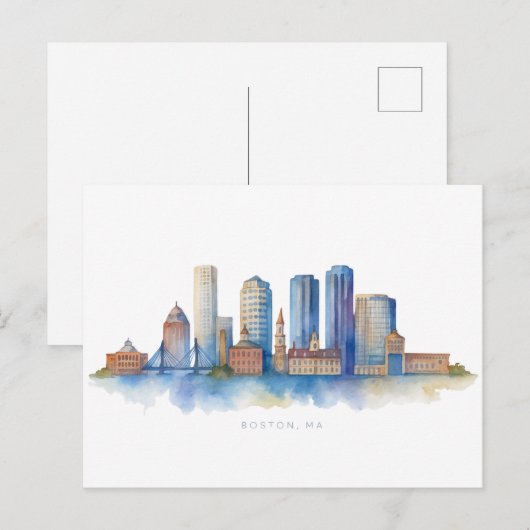 Boston City Skyline Waterverf | Modern Boston MA Briefkaart (Voorkant / Achterkant)