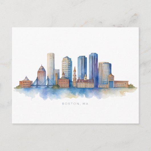 Boston City Skyline Waterverf | Modern Boston MA Briefkaart (Voorkant)