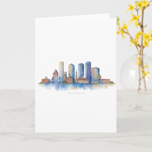 Boston City Skyline Waterverf | Modern Boston MA Kaart (Gele Bloem)