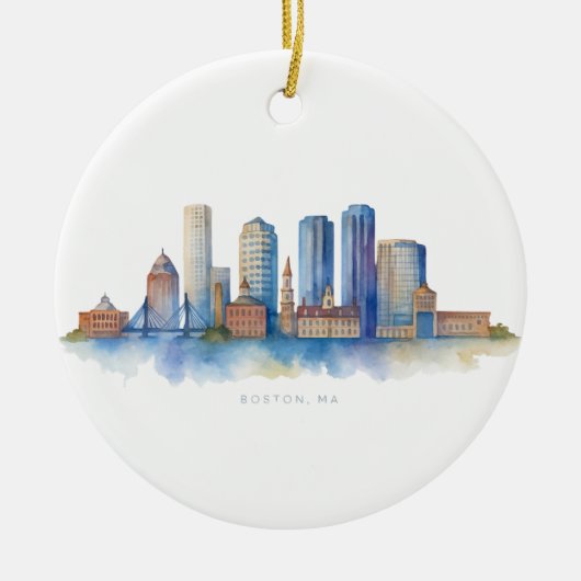 Boston City Skyline Waterverf | Modern Boston MA Keramisch Ornament (Voorkant)