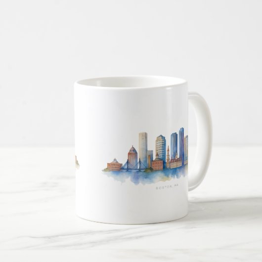 Boston City Skyline Waterverf | Modern Boston MA Koffiemok (Voorkant rechts)