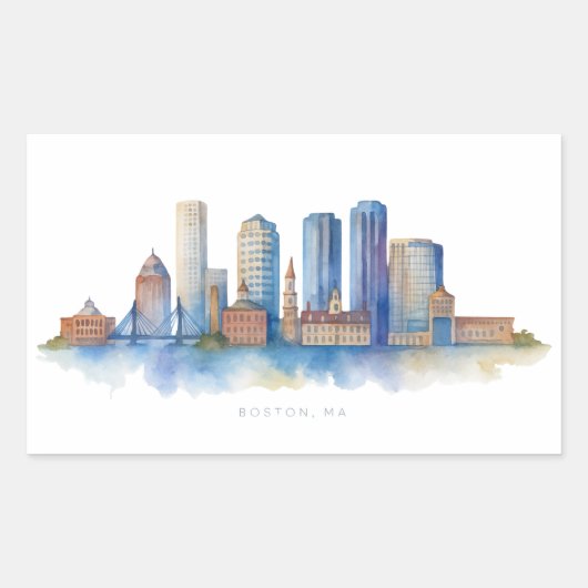 Boston City Skyline Waterverf | Modern Boston MA Rechthoekige Sticker (Voorkant)