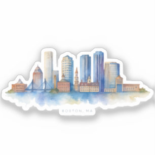 Boston City Skyline Waterverf   Modern Boston MA Sticker