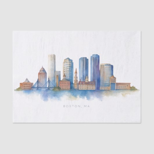 Boston City Skyline Waterverf | Modern Boston MA Tissuepapier (Voorkant)