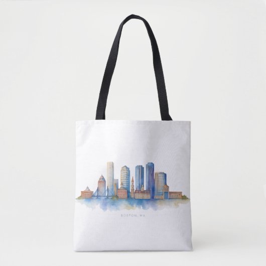 Boston City Skyline Waterverf | Modern Boston MA Tote Bag (Voorkant)