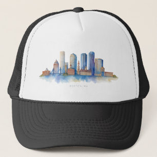 Boston City Skyline Waterverf   Modern Boston MA Trucker Pet