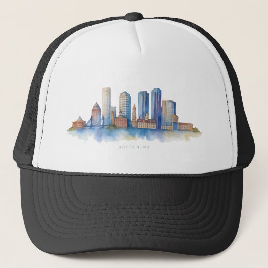 Boston City Skyline Waterverf | Modern Boston MA Trucker Pet (Voorkant)