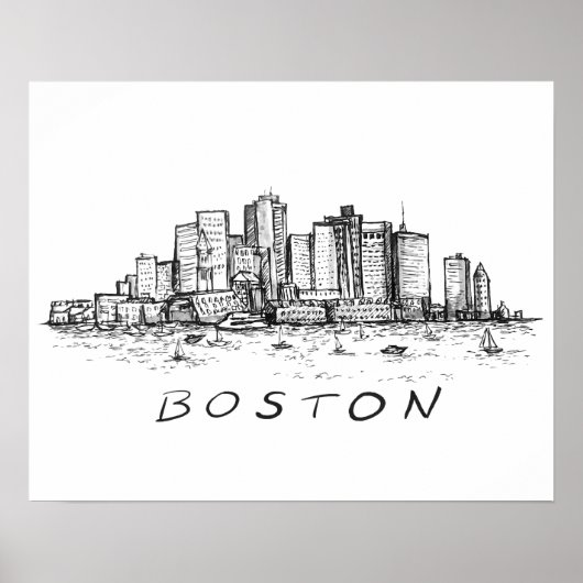 Boston Cityscape Ink Tekening Poster (Voorkant)