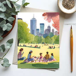 Boston Common Picknick | Zomer Aquarel Schilderij Briefkaart