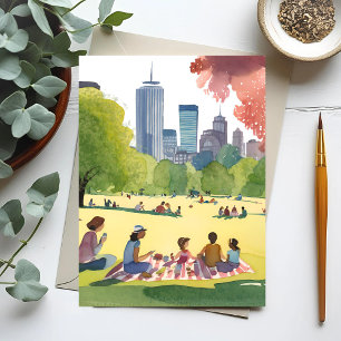 Boston Common Picknick   Zomer Aquarel Schilderij Briefkaart