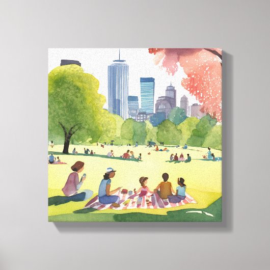 Boston Common Picknick | Zomer Aquarel Schilderij Canvas Afdruk (Voorkant)