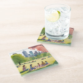 Boston Common Picknick | Zomer Aquarel Schilderij Glazen Onderzetter