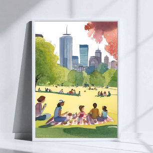 Boston Common Picknick   Zomer Aquarel Schilderij Poster