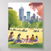 Boston Common Picknick | Zomer Aquarel Schilderij Poster (Voorkant)