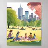 Boston Common Picknick | Zomer Aquarel Schilderij Poster (Voorkant)
