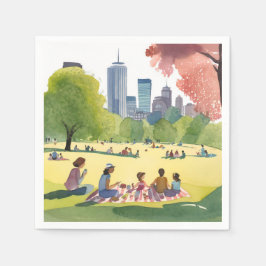 Boston Common Picknick | Zomer Aquarel Schilderij Servet