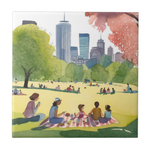 Boston Common Picknick Zomer Aquarelschilderij Tegeltje