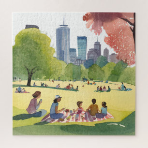 Boston Common Picknick   Zomer Waterverfschilderij Legpuzzel