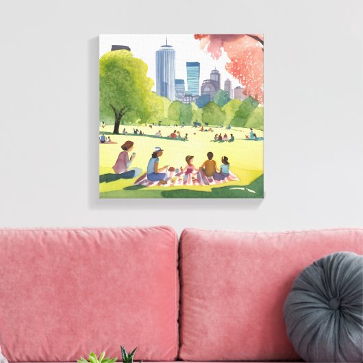 Boston Common Picnic | Zomer Waterverf schilderij Canvas Afdruk (Insitu (Woonkamer))