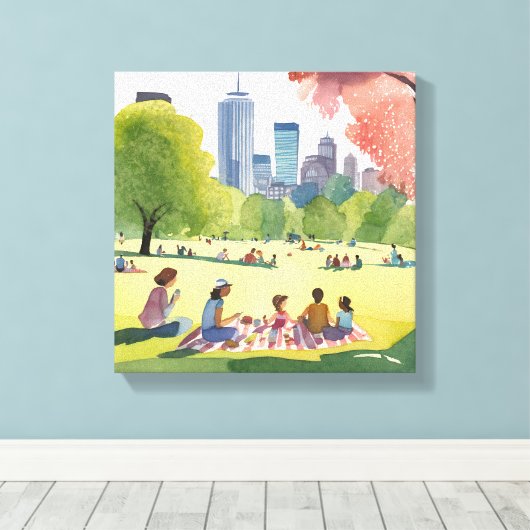Boston Common Picnic | Zomer Waterverf schilderij Canvas Afdruk (Insitu (Houten vloer))