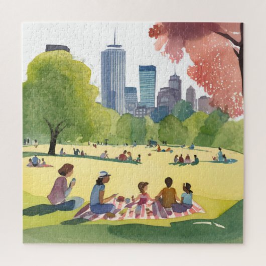 Boston Common Picnic | Zomer Waterverf schilderij Legpuzzel (Verticaal)
