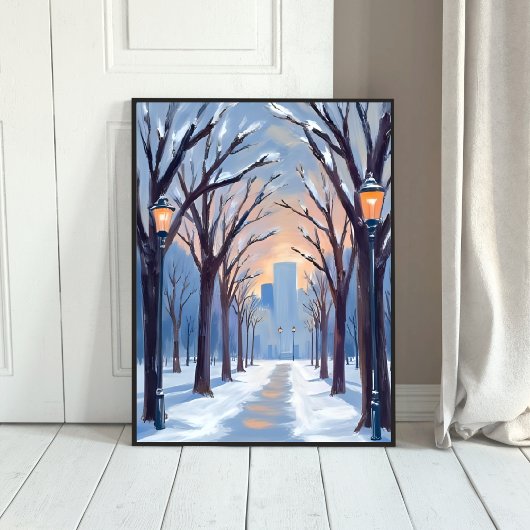Boston Common Winter Snowfall Watercolor Poster