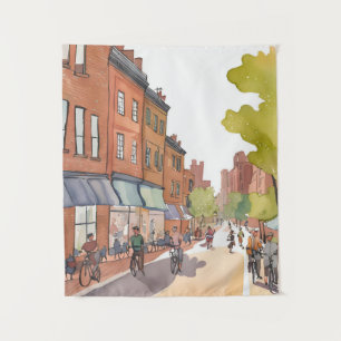 Boston-fietstocht North End-waterverf MA Wandkleed