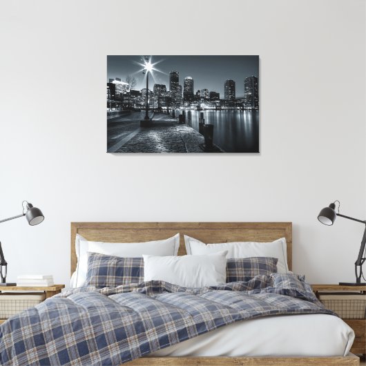 Boston Harbor B&W Nachtcanvas Canvas Afdruk (Insitu (Slaapkamer))