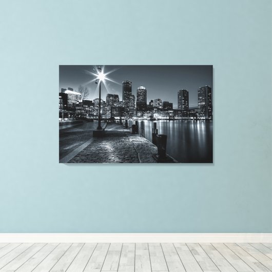 Boston Harbor B&W Nachtcanvas Canvas Afdruk (Insitu (Houten vloer))