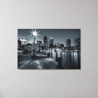 Boston Harbor B&W Nachtcanvas Canvas Afdruk