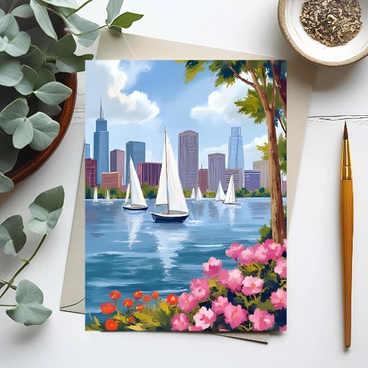 Boston Harbor Lente | Boot Baai Stadssilhouet Briefkaart