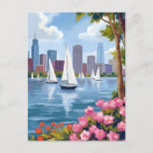 Boston Harbor Lente | Boot Baai Stadssilhouet Briefkaart (Voorkant)