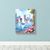 Boston Harbor Lente | Boot Baai Stadssilhouet Canvas Afdruk (Insitu (Houten vloer))