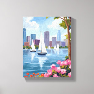 Boston Harbor Lente Boot Baai Stadssilhouet Canvas Afdruk