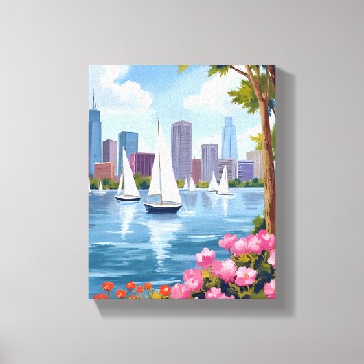 Boston Harbor Lente | Boot Baai Stadssilhouet Canvas Afdruk (Voorkant)