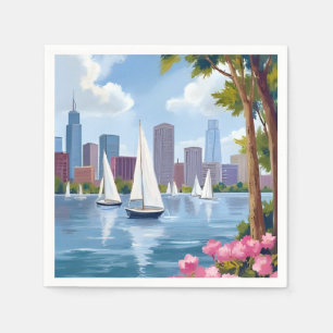 Boston Harbor Lente   Boot Baai Stadssilhouet Servet