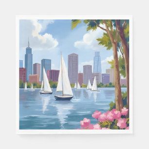 Boston Harbor Lente Boot Baai Stadssilhouet Servet