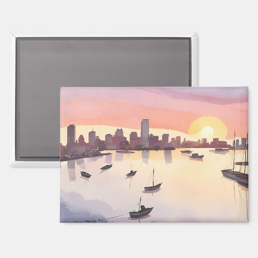 Boston Harbor | Watercolor Stad Massachusetts Magneet (Voorkant / Achterkant)
