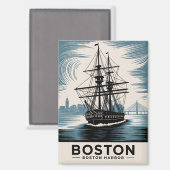 Boston Harbour Retro Illustratie Tall Ship Classic Magneet (Voorkant / Achterkant)