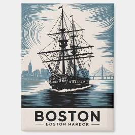 Boston Harbour Retro Illustratie Tall Ship Classic Magneet