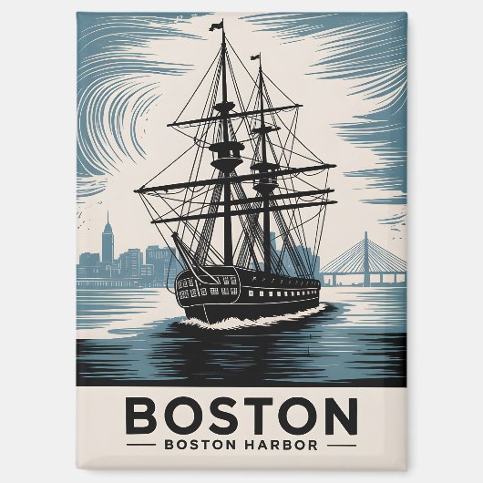 Boston Harbour Retro Illustratie Tall Ship Classic Magneet (Voorkant)