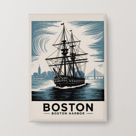 Boston Harbour Retro Tall Ship  Nautical Button (Voorkant)