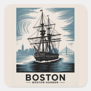 Boston Harbour Retro Tall Ship  Nautical Vierkante Sticker