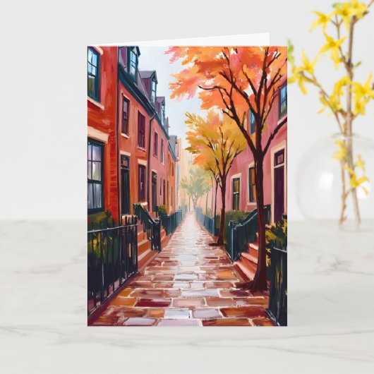 Boston Herfst Aquarel Beacon Hill Massachusetts Kaart (Gele Bloem)