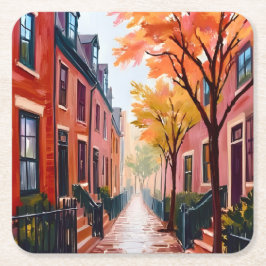 Boston Herfst Aquarel Beacon Hill Massachusetts Kartonnen Onderzetters