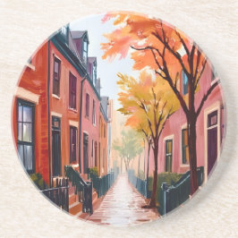 Boston Herfst Aquarel Beacon Hill Massachusetts Zandsteen Onderzetter